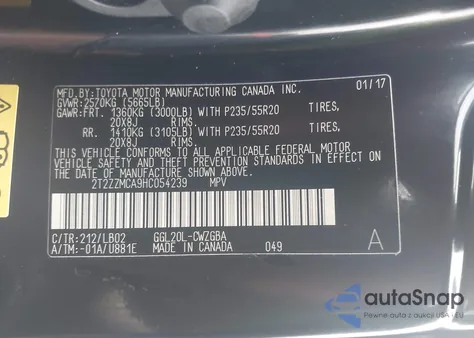 2017 Lexus Rx 350 350/Base/F Sport из США, поврежденный, VIN 2T2ZZMCA9HC054239